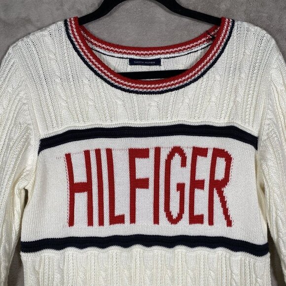 Tommy Hilfiger Cable Knit Sweater Dress Ivory Red Spell Out Logo Chunky - Picture 4 of 10
